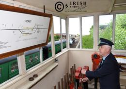 Ancient World - An Irish Heritage. The Station master Louis, in the signal box at Gorey station