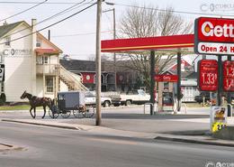 Fields Of Gold - The Amish Way. Young Amish Boys in Buggy picking up Ice Cream at a Gas Station in Lancaster County