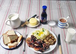 Traditional Irish Cottage Food. Fried Chicken Giblets with Irish Traditional Champ & Fried Onions 