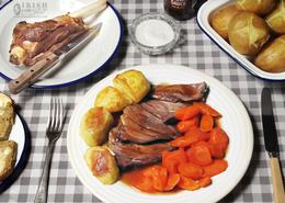 Traditional Irish Cottage Food. Skillet Roasted Irish Goat Meat with Roasted Potatoes & Home Grown Carrots