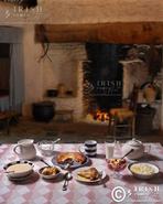 Traditional Irish Cottage Food. Homemade Cottage Deserts - Semolina, Bread & Butter Pudding, Rhubarb Tart with Custard, Jelly & Custard & Rice Pudding