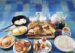 Traditional Irish Cottage Food. Everyday Irish Cottage Breakfast with Homemade Breads, Boiled & Fried Eggs, Porridge & Boxty